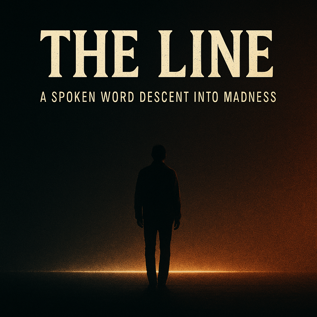 A lone figure stands before a glowing line in a dark, ominous space. The text reads "The Line: A Spoken Word Descent into Madness."
