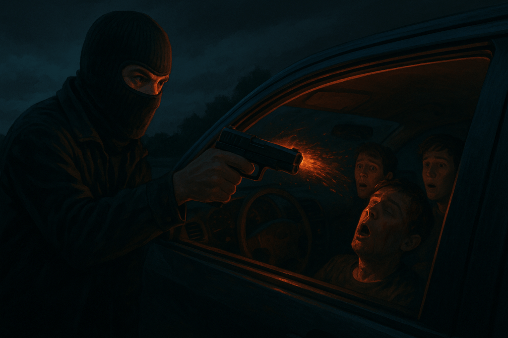 A masked man in black shoots a teenager in a car at night while two shocked friends watch in terror