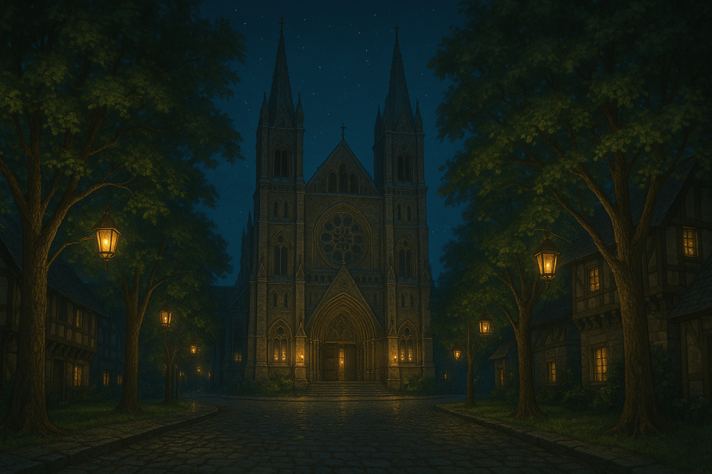 Illustration of Holy Hollow Church at the center of New Haven, surrounded by cobblestone streets, lantern-lit trees, and Appalachian buildings at dusk.