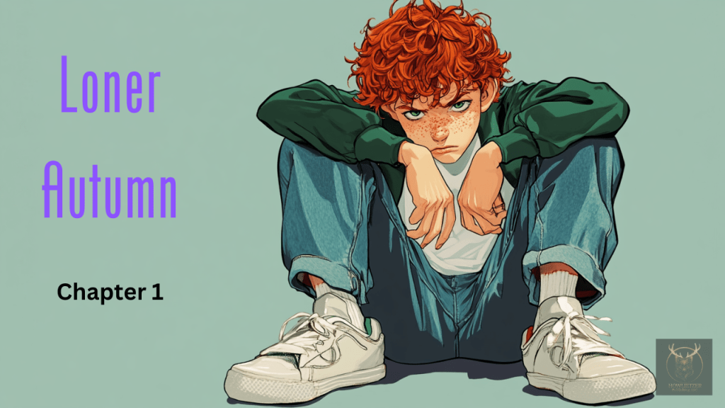 A pale teenage boy with curly red hair stands beneath a streetlamp at dusk, his shadow stretching long behind him as a menacing figure looms in the background.